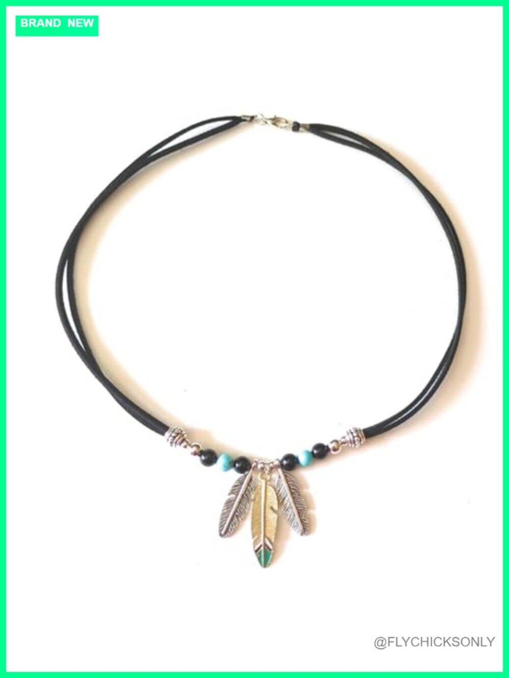 Double Strand Suede Feather Necklace Turquoise Onyx 18 Inch Boho Western